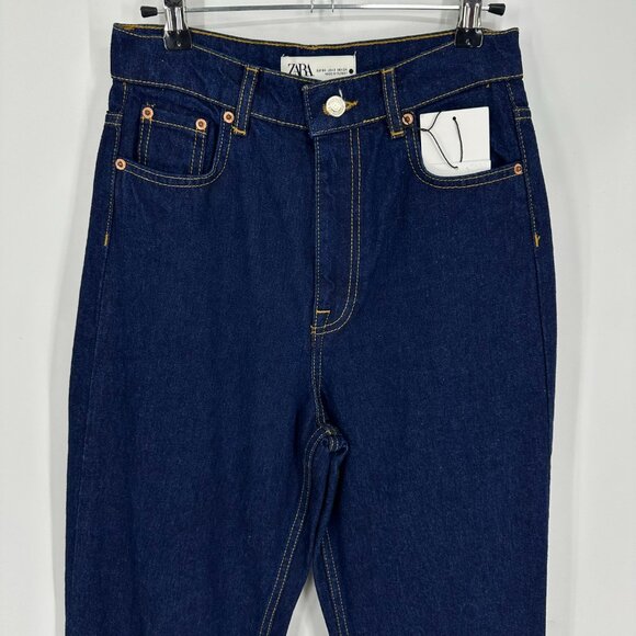 Zara Cropped 90s Jeans 2 High Rise Waist Raw Frayed Hem Dark Wash Blue Denim NEW - Picture 7 of 12